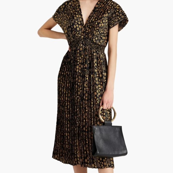 NWT Sandro Vienne Pleated Printed Satin-twill Midi Dress In Black (Size 34) - Picture 2 of 5